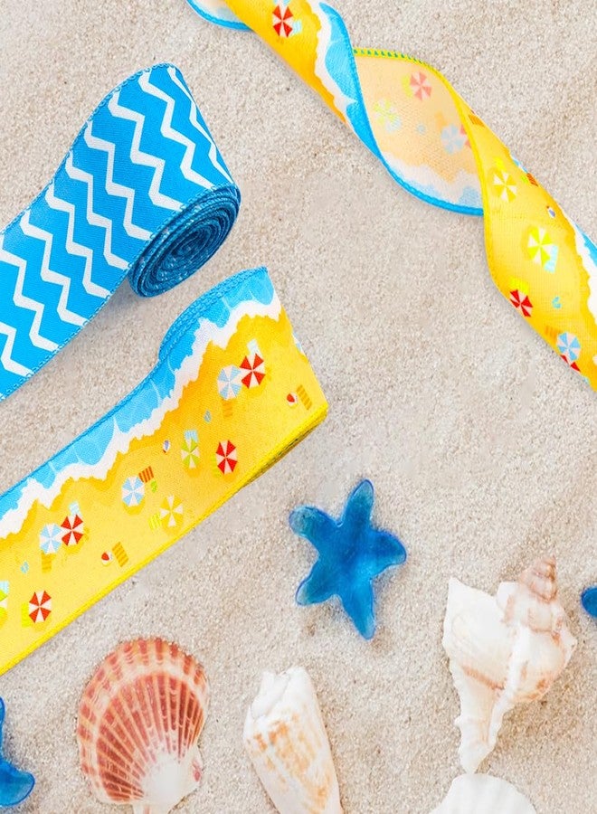 ABTOLS 2 Roll 10 Yards Blue Stripe Ribbons 2.5", Sand Beach Ocean Wired Edge Burlap Ribbon Summer Yellow Blue Wave Ribbon for Farmhouse Decor Gift Wrapping DIY Crafts Wreaths Bow - Image 3